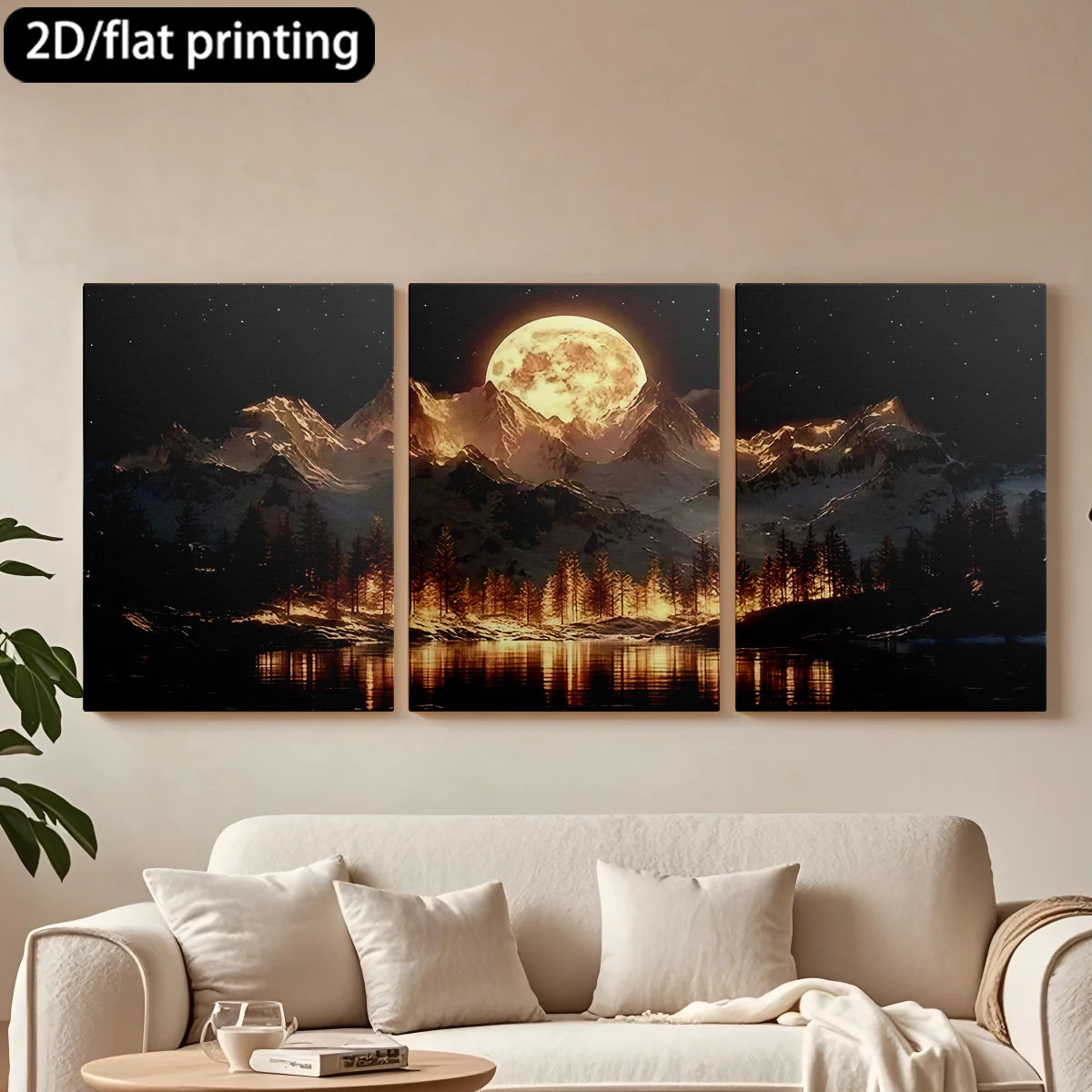 

2D flat printing 3pc wooden frame canvas decorative painting Full moon, snow mountains, lake.Corridor bedroom decoration