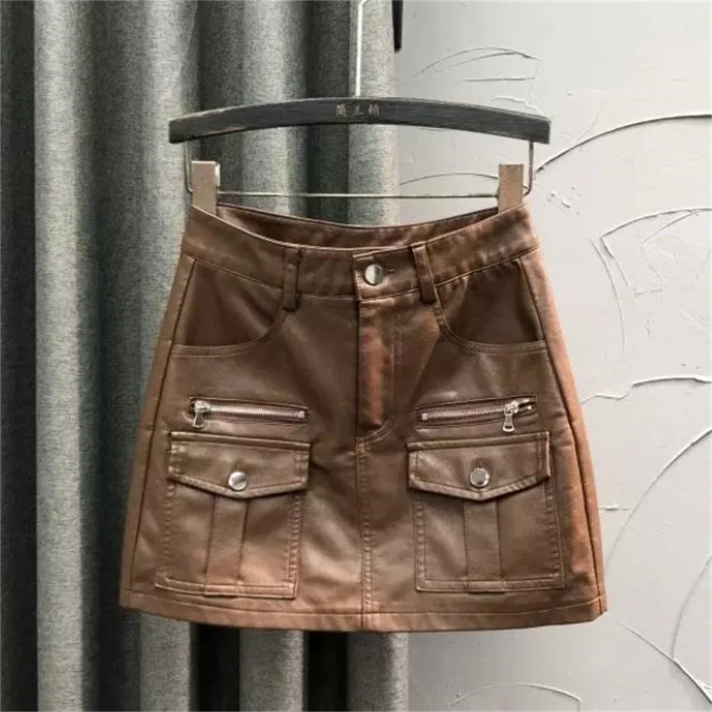 High waisted PU leather short skirt slim women spring and summer pocket zipper A A-line skirt