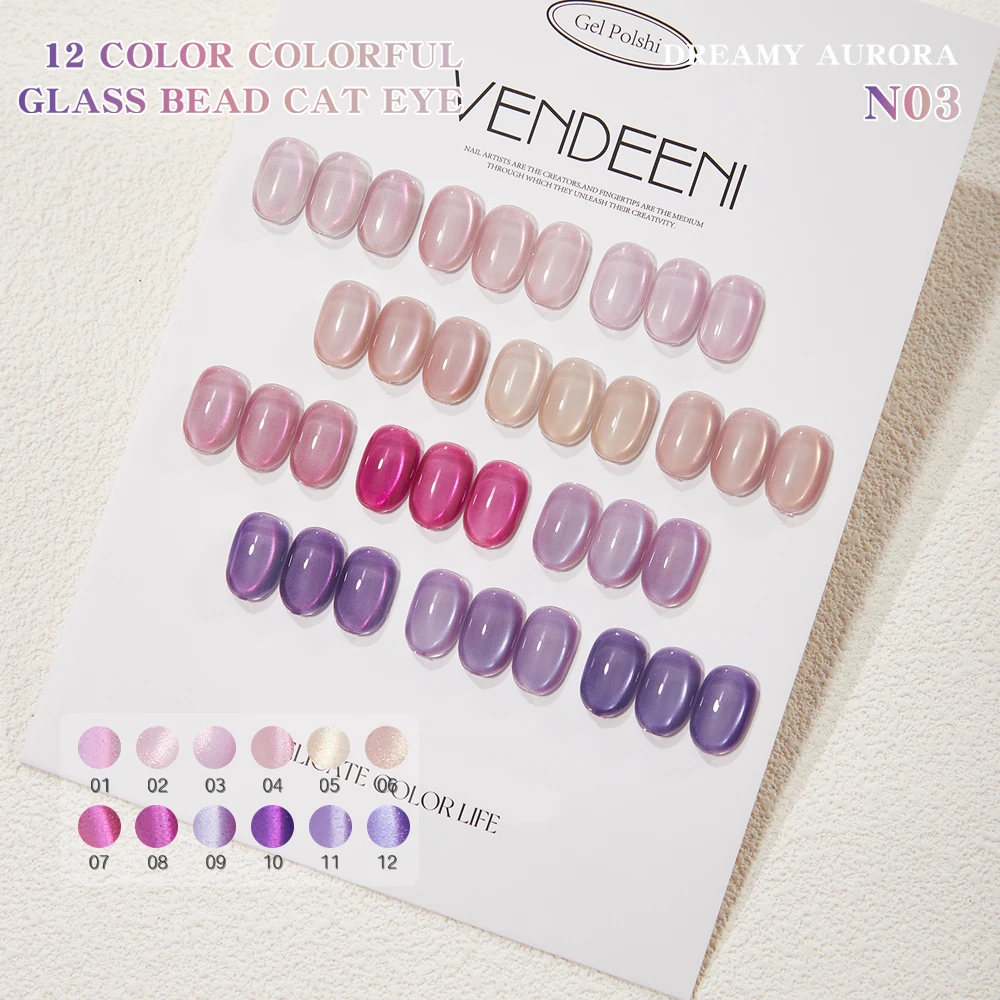 Vendeeni 12 Colors/set Purple Pink Crystal Cat Eye Gel Nail Polish UV LED Glitter Magnetic Manicure Varnish With Color Card