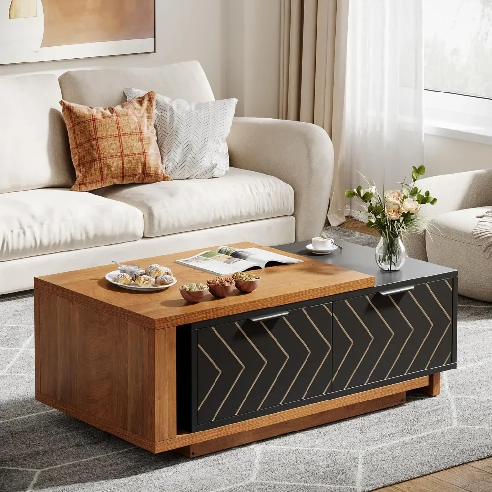 طاولة قهوة قابلة للتمديد، طاولة قهوة خشبية قابلة للتعديل بطول 42 بوصة - 65 بوصة مع درجين للتخزين لغرفة المعيشة #6