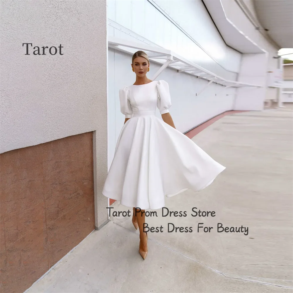 

Tarot Boat Neckline Simple Saudi Prom Dresses A Line Tiered Evening Gowns Half Puff Sleeves Tea Length Formal robes de soirée