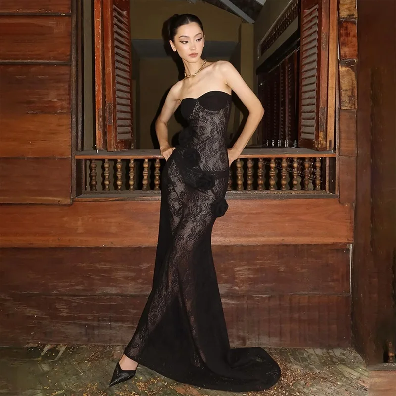 

Black Lace Evening Dress Sexy Sleeveless 3D Flower Long Formal Casual Sheath Prom Party Dress Robe De Mariée