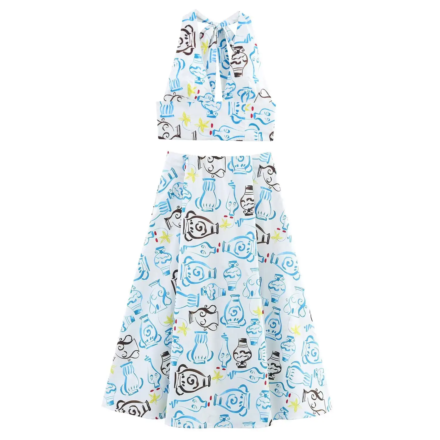 

Women's New Fashion side pocket decoration casual wide pleated printed MIDI skirt retro high waisted side zipper women's skirt