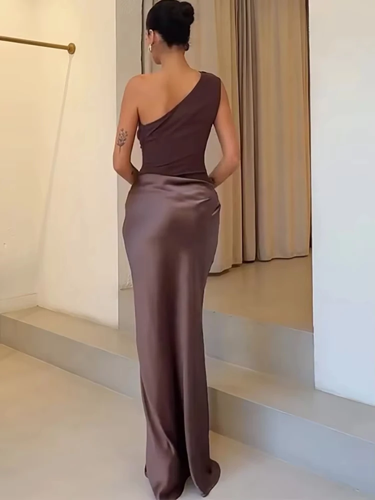 Patchwork Satin One-Shoulder Women's Maxi Dress Brown Sleeveless Elegant Evening Gown for Summer Slim Fit Party Clubwear