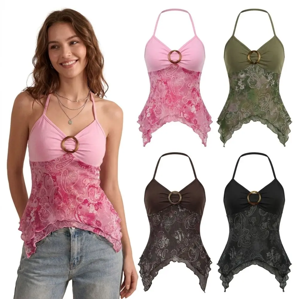 Printed Mesh Halter Cami Top Asymmetrical Hem Spaghetti Straps Off Shoulder Top Sheer Overlay Bodycon Fit Tank Tops Street Style