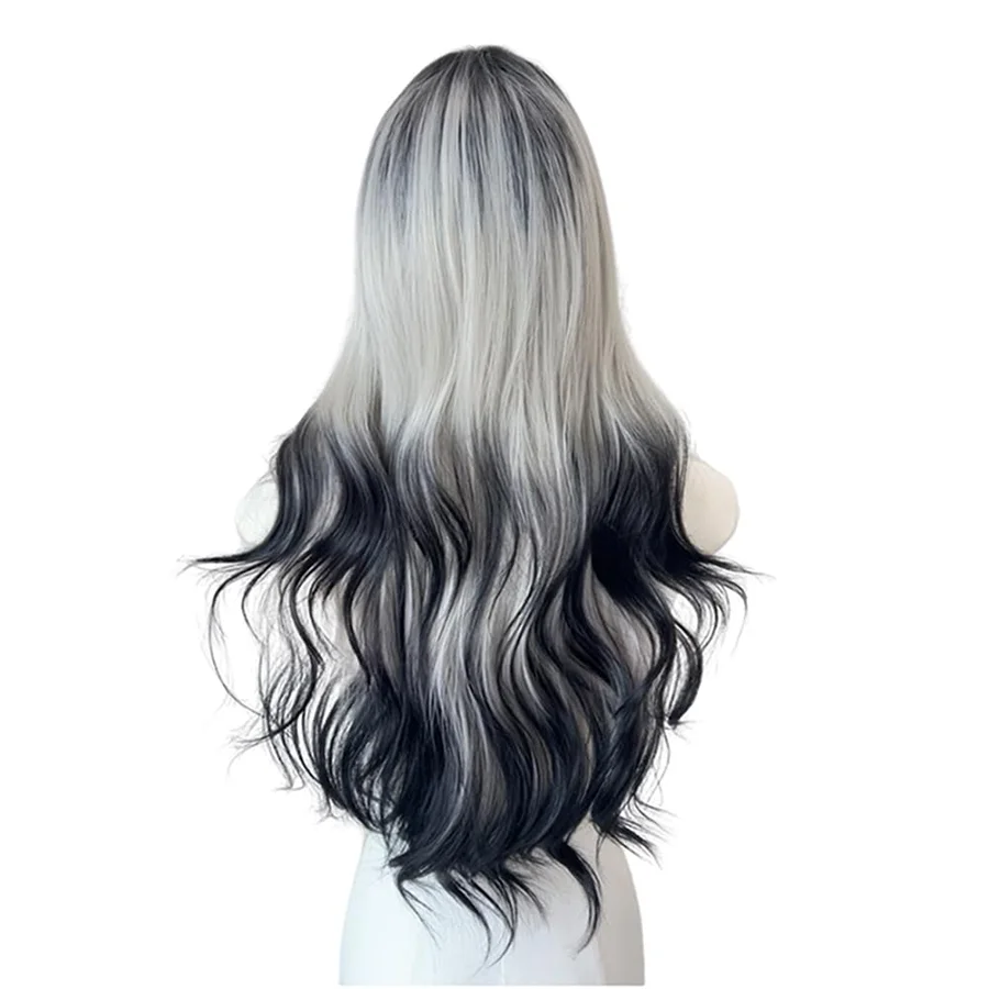 26inch Ombre Black Grey Long Wavy Synthetic Wig with Fringe for Women Daily Party Use