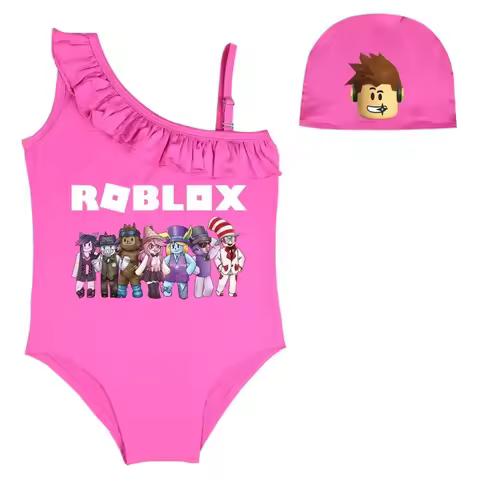 Anime Game Roblox Girls Swimwear Cute Cartoon Print Children Training Swimsuit Swimwear Cap Set Birthday Gifts