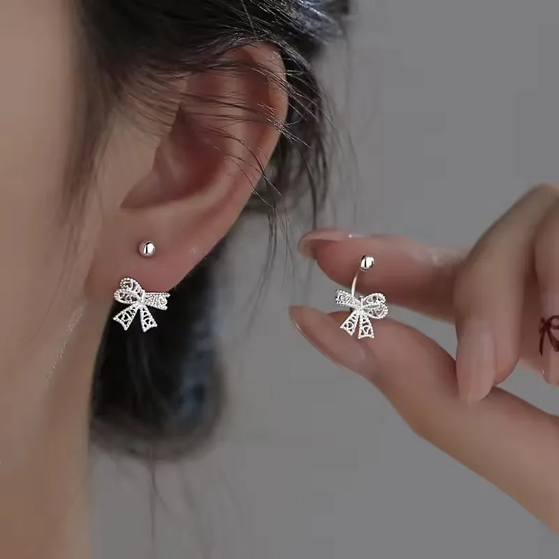 VENTFILLE Real 925 Sterling Silver Lace Heart Hollow Bow Screw Buckle Puncture Stud Earrings for Women Fine Jewelry Accessories