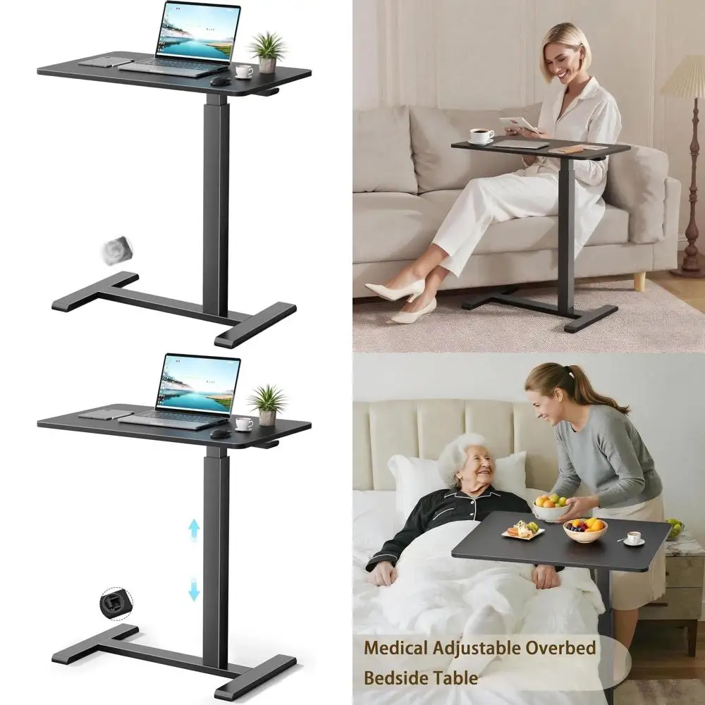 

Adjustable Height Rolling Desk with Wheels, Pneumatic Laptop Stand, Portable Overbed Table for Home, Office, Classroom - Black
