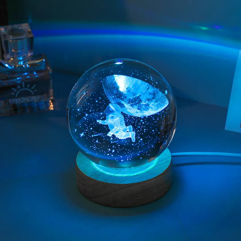 Creative 3D Carved Crystal Ball Colorful Luminous Base Glass Ball Small Night Light Home Bedroom Study Atmosphere Decoration