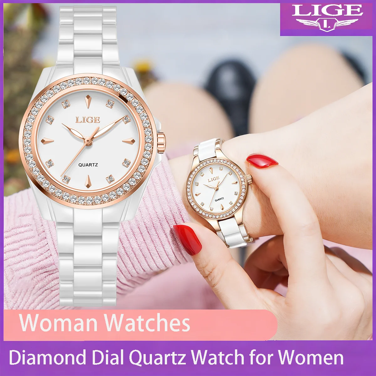 

LIGE Fashion Elegant Ceramic Ladies Watches Original Diamond Dial Quartz Watch for Women Strap Waterproof Luminous Wristwatch