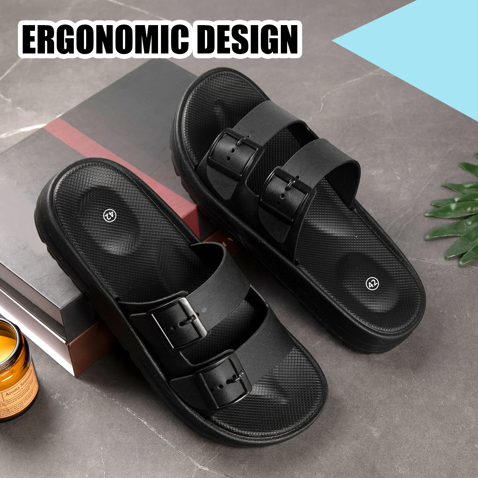 Casual adjustable double button thick sole solid color universal home for daily outdoor walking scenes men\'s slippers