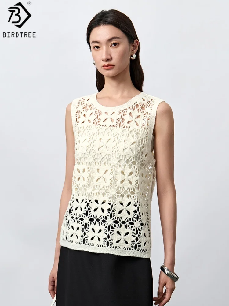 Birdtree, 100% Sheep Wool Hollow Vest, Sleeveless O-neck Loose Tank Top, Women's Knitted Crochet Tops, 2026 Autumn New T68520JF