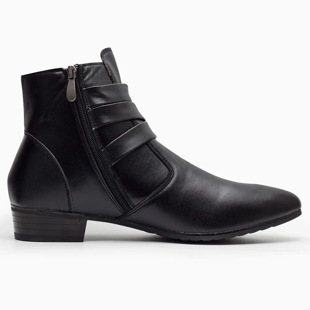 Men\'s Black Ankle Boots Pointed Toe Double Buckle Strap Faux Leather Chelsea Boots British Style Business Casual Dress Shoes