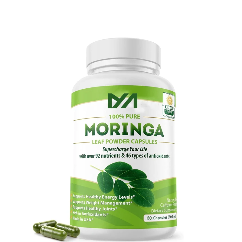 Capsule single source Moringa powder organic. Spicy wood leaves. Energy, metabolism, and immune support. 60 capsules.