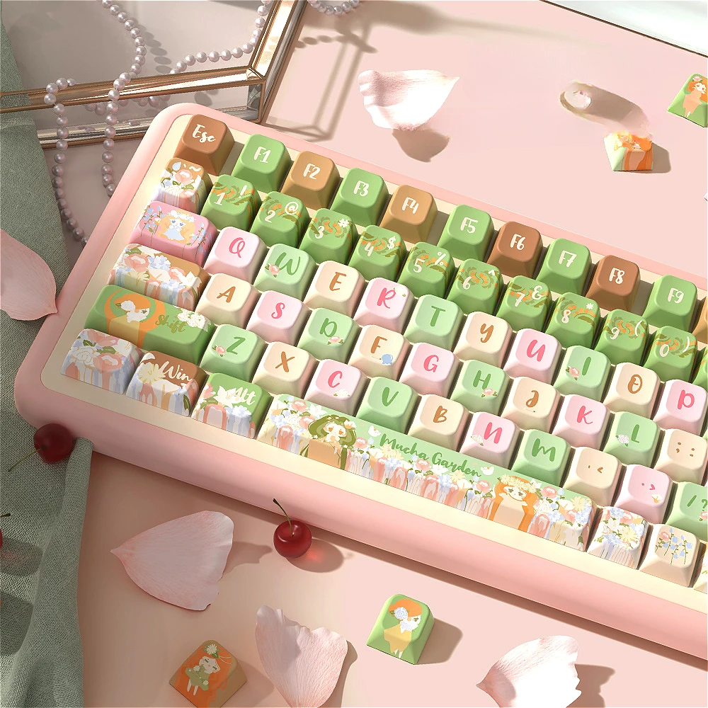 MUCHA GARDEN Pink Green Keycaps Thermal Sublimation Technology MDA Height Keycap Set for Mechanical Keyboards with MX Switches