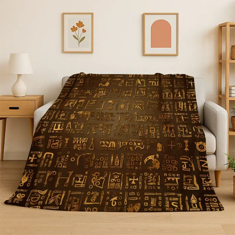 Retro Egyptian Mural Hieroglyphics Symbol Flannel Blanket Soft Warm Throw Blanket for Bedroom Living Room Bed Travel Picnic Gift