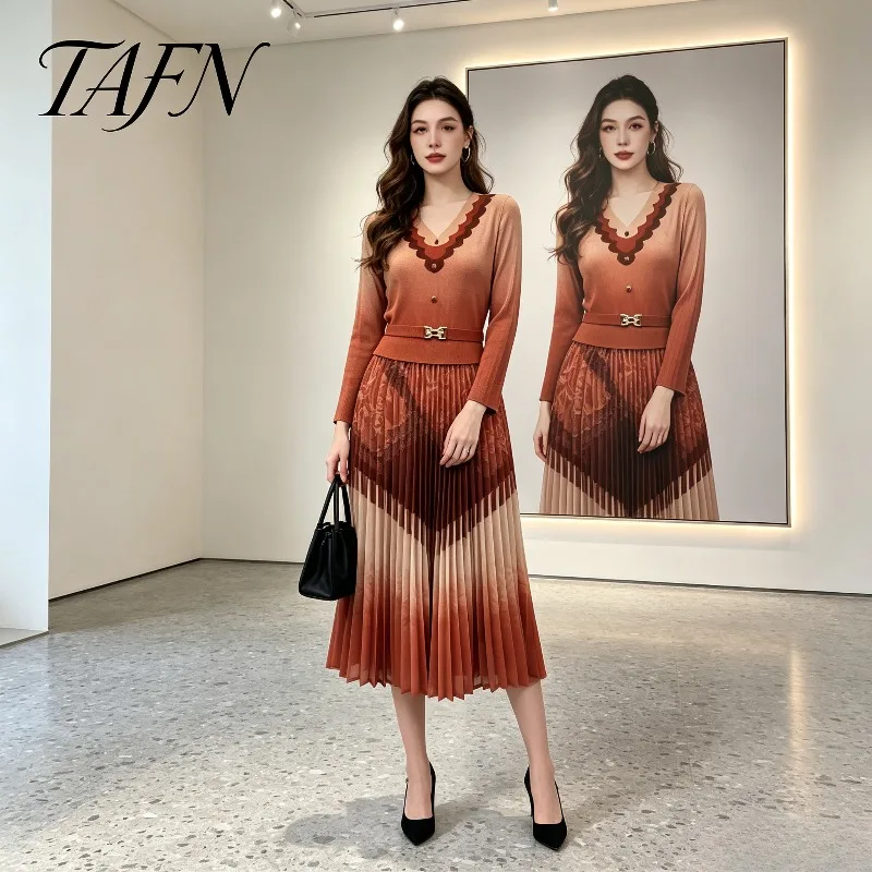 Miyake Pleated 2026 New Spring and Autumn Plus Size Wavy Edge V-Neck Long Sleeve Metal Button Hidden Pattern Printed Dress Pleat