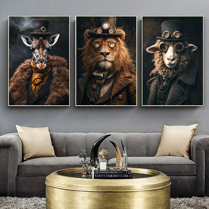 Cool Steampunk Animals Portrait Canvas Print Posters Pictures Retro Animal Wall Art Painting Mural for Living Room Home Decor