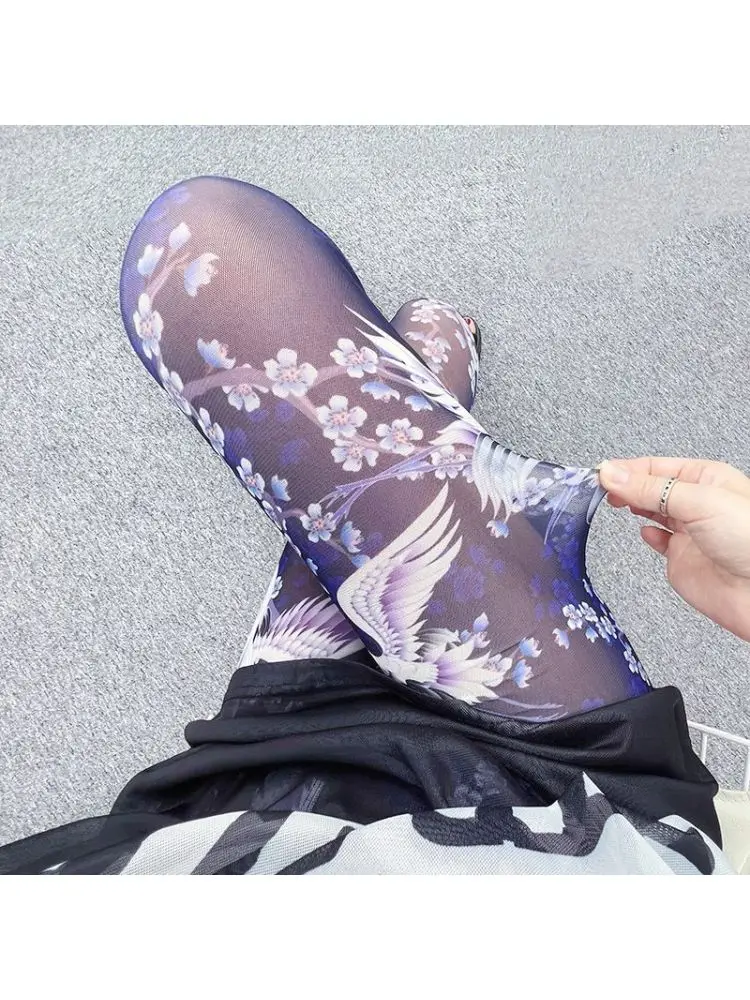 Women's Mesh Leggings Elastic Slim Fit Nine-Tenths Summer Breathable Long Pants Base Layer Skin Transparent Floral Print
