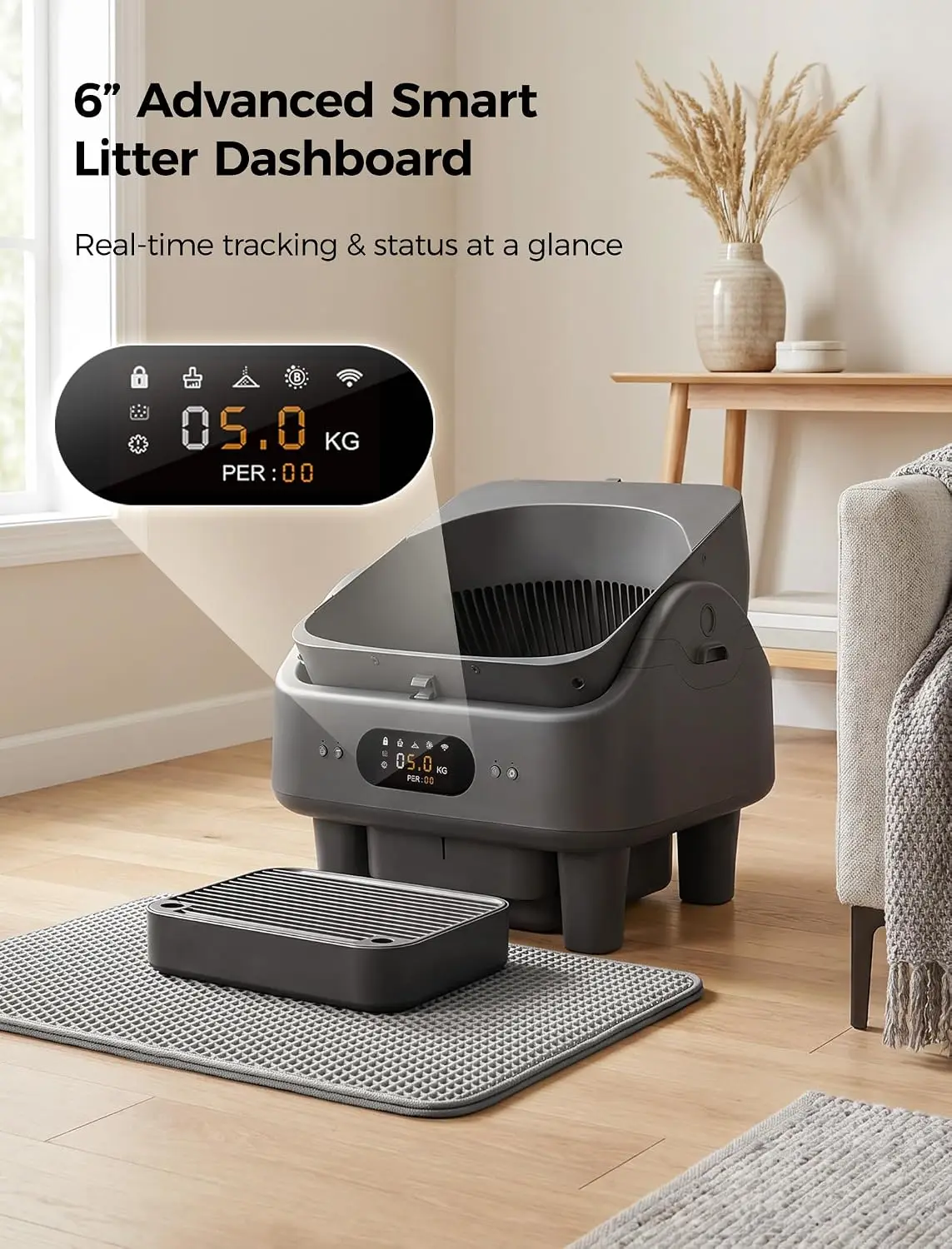 Open Top Self Cleaning Litter Box, Automatic Cat Litter Box for Multiple Large Cats with APP Control, 10 Safety Sensors, 6