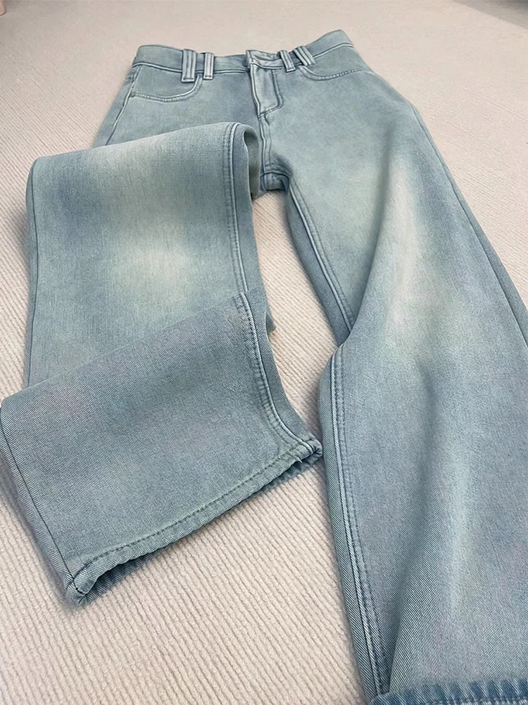 

Loose Women's Fce Lined Denim Jeans High Waist Covering Hip Pear ape Slimming Wide Leg Pants Casual Sle Thi Denim