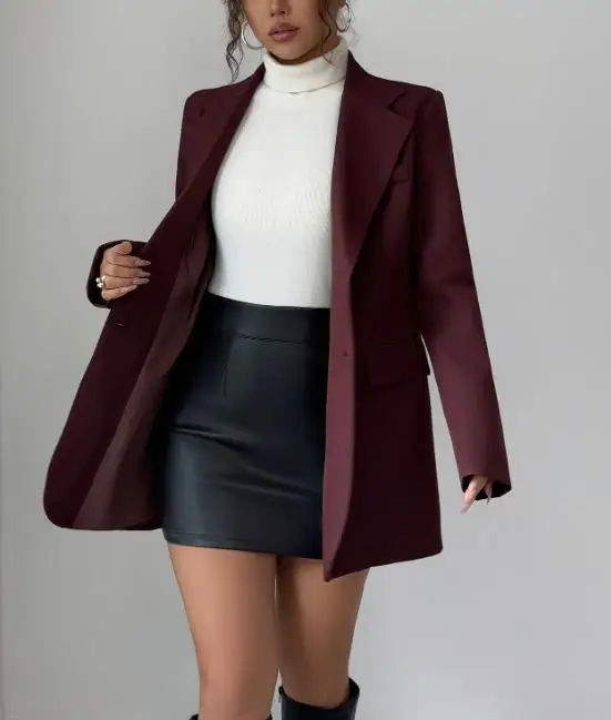 Professional Women's Suit Jacket In Spring with A Wine Red Temperament Elegant Lapel Slim Fit Suit Jacket Suitable for Work