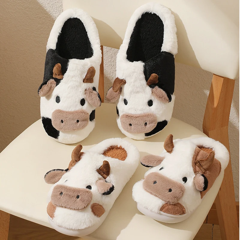 Winter Cartoon Korean style Couple Slippers Women Mens Cute Dairy Cattle Slippers Kawaii Fluffy Soft Warm Slippers Indoor