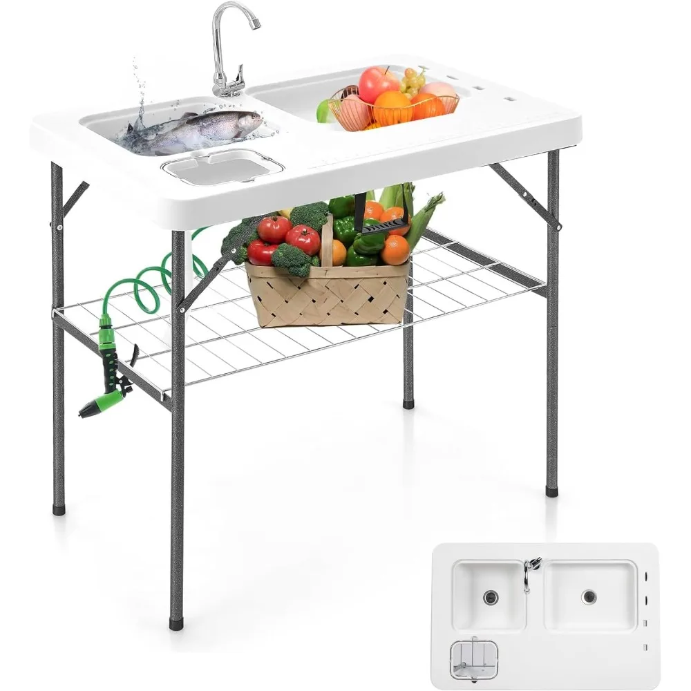 Folding Fish Cleaning Table With 2 Sink, Outdoor Portable Camping Table With Grid Rack & Sprayer, Cutting Table With Drai