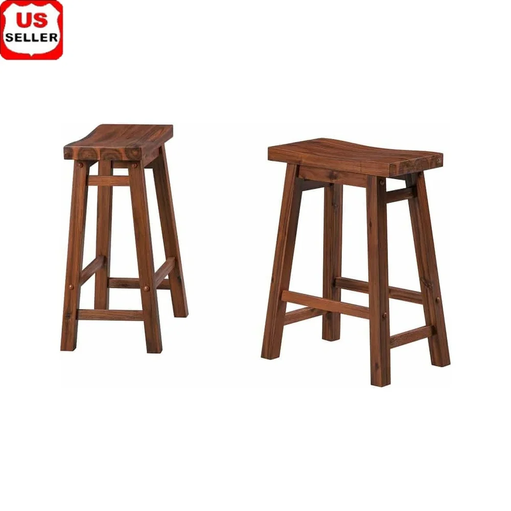 

Rustic Acacia Wood Backless Saddle Bar Stools Set of 2 Ergonomic Design with Footrests Indoor Kitchen Dining Room Use
