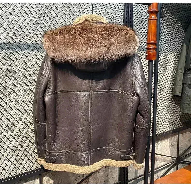 2025 New Men's Genuine Leather Coat Motor Jacket Wool Liner Raccoon Fur Hoodie Male Warm Thick Winter Cloth Size 54 56 58 60 62