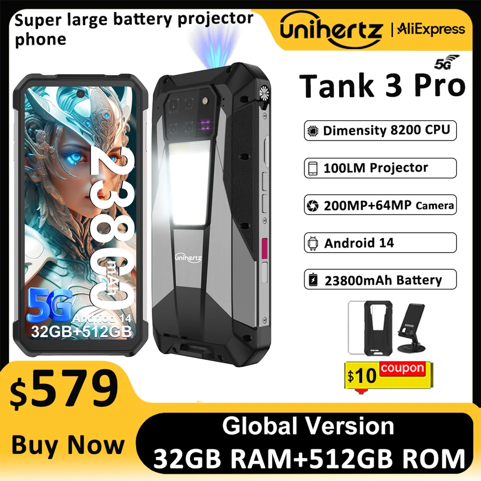 Unihertz Tank 3 Pro 8849、100 ルーメン 120Hz プロジェクター、32GB