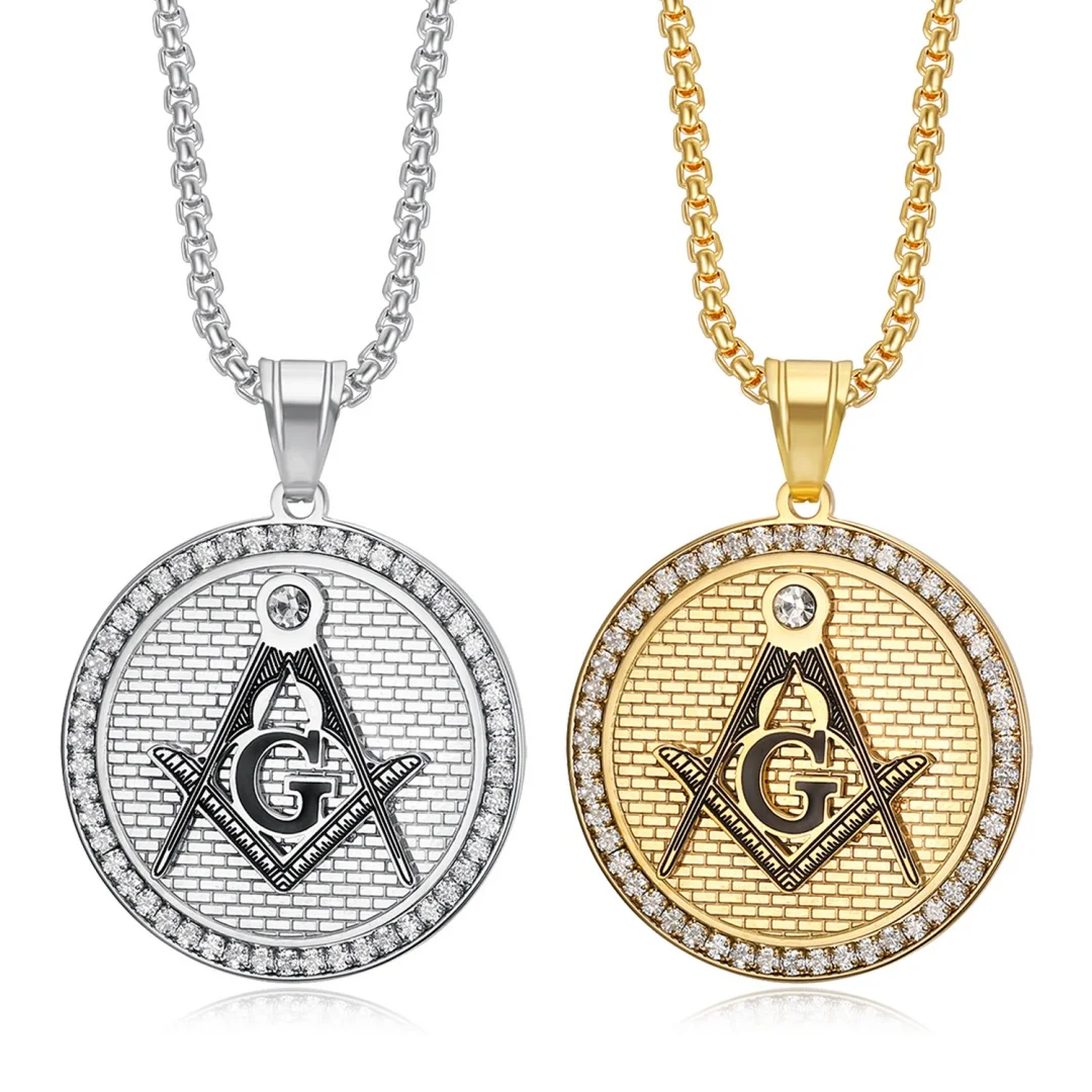 Hip Hop Iced Out Bling CZ Mason Pendant Stainless Steel Cubic Zirconia Round Masonic Necklace for Women Men Fashion Jewelry Gift