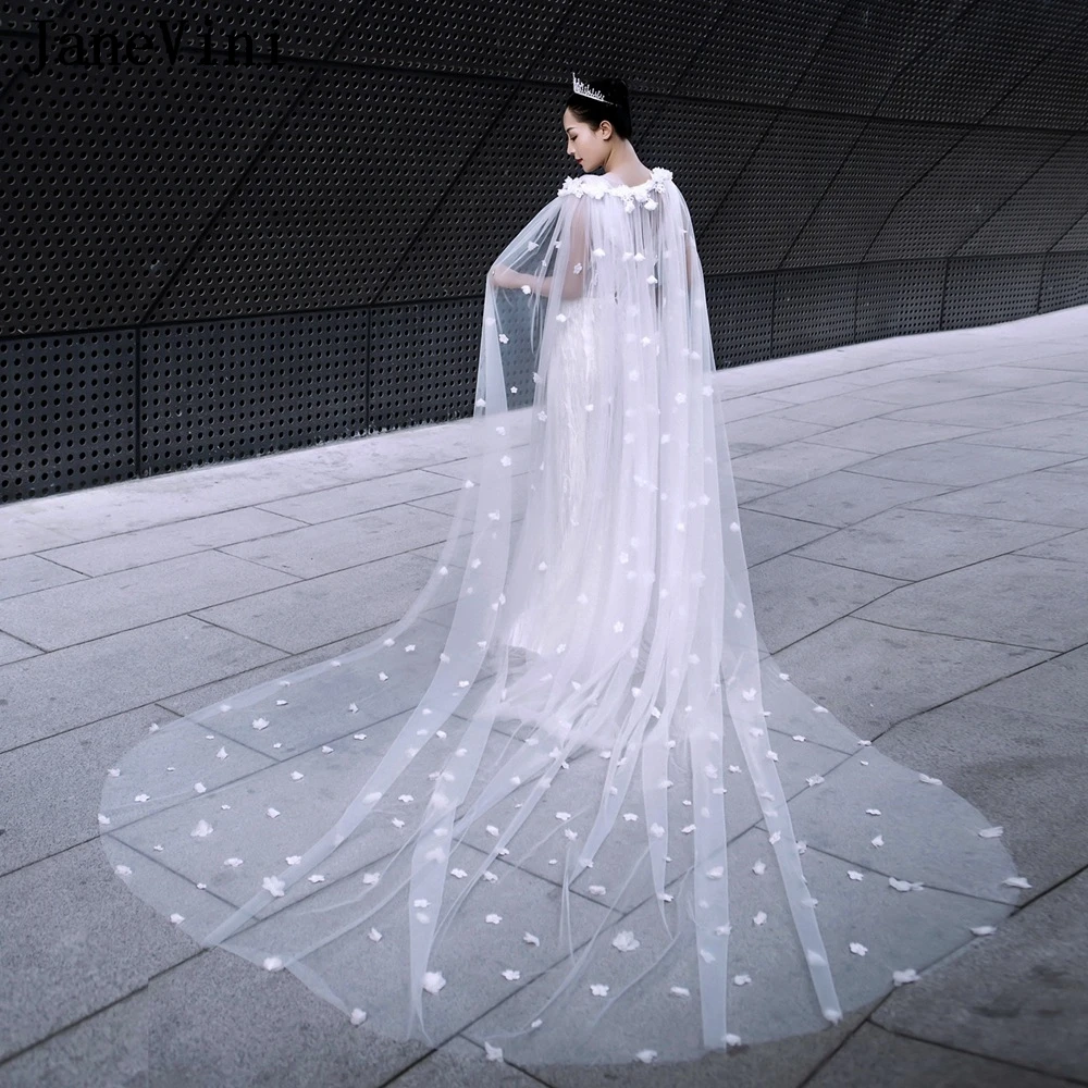 

JaneVini Romantic 3D Flowers Tulle Bridal Bolero 3 Meters Long Braut Cape Wedding Cloak Women Soft Capes Wedding Jacket Shrug