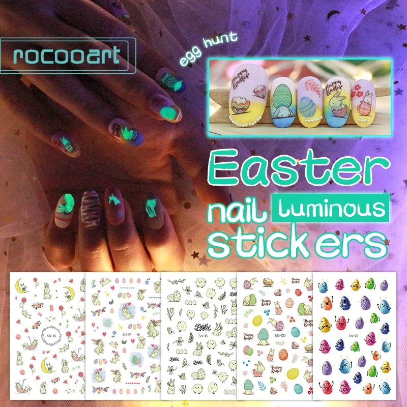 Easter Luminous Nail Sticker Cartoon Egg Rabbit  Cute Nail Art Decoration Glowing Foil Nail Art Adhesive Sticker Wraps For Kids