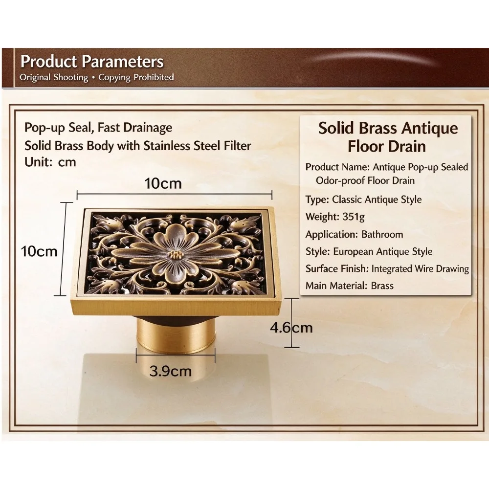 Antique Brass Carved Square Floor Drain  Pop-up Anti Odor Shower Drain Deodorant Insect-proof Bathroom Floor Drain Strainer