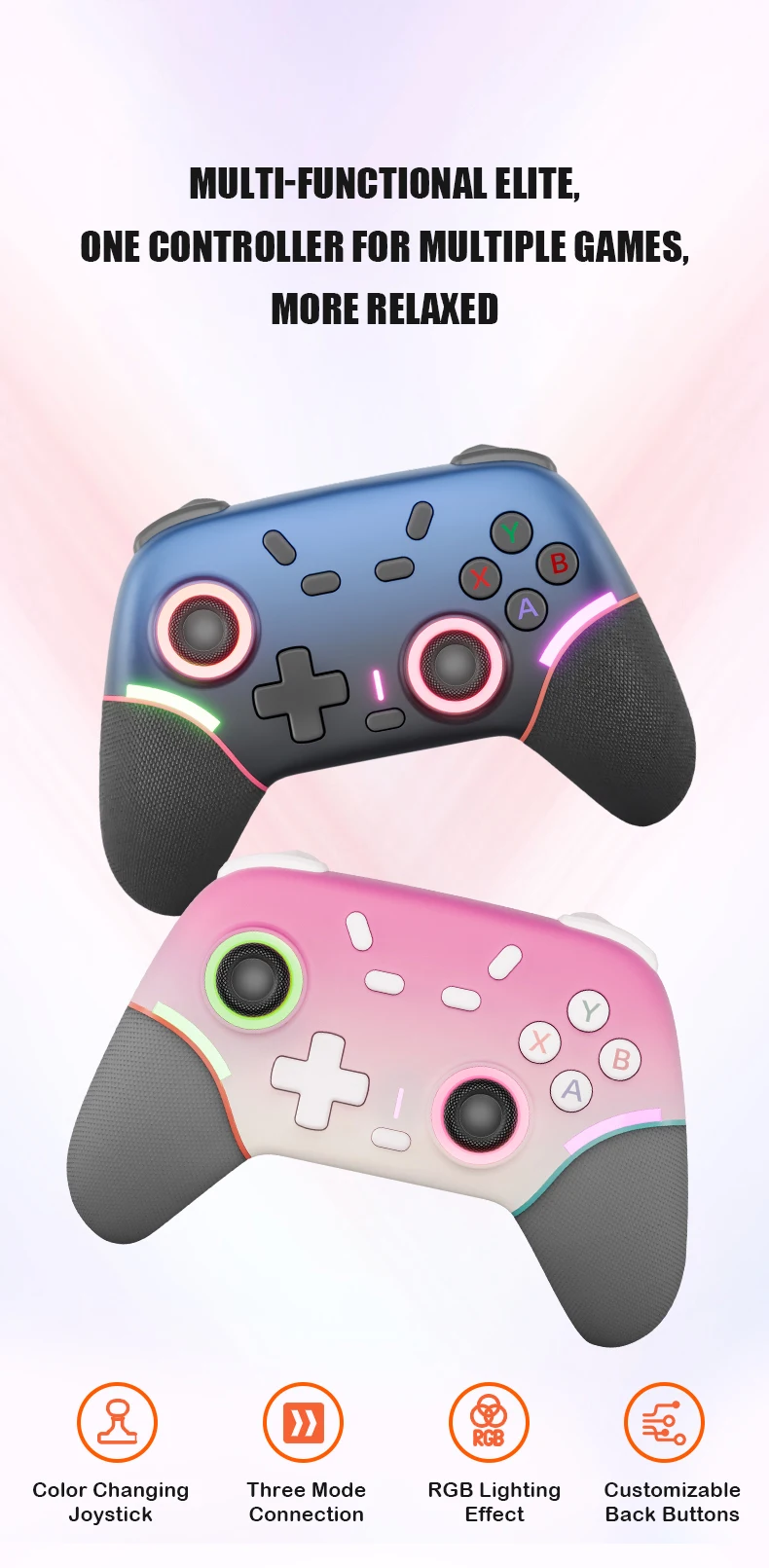 وحدة تحكم لاسلكية RGB لجهاز نينتندو سويتش 2/ OLED/ Lite/ PC/Android Gamepad PC Joystick Control مع وظيفة Turbo