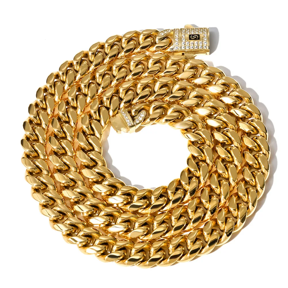 Hip Hop Bling 14k Gold Color Stainless Steel Cuban Miami Necklaces CZ Zircon Spring Lock Monaco Chain for Men Rapper Jewelry