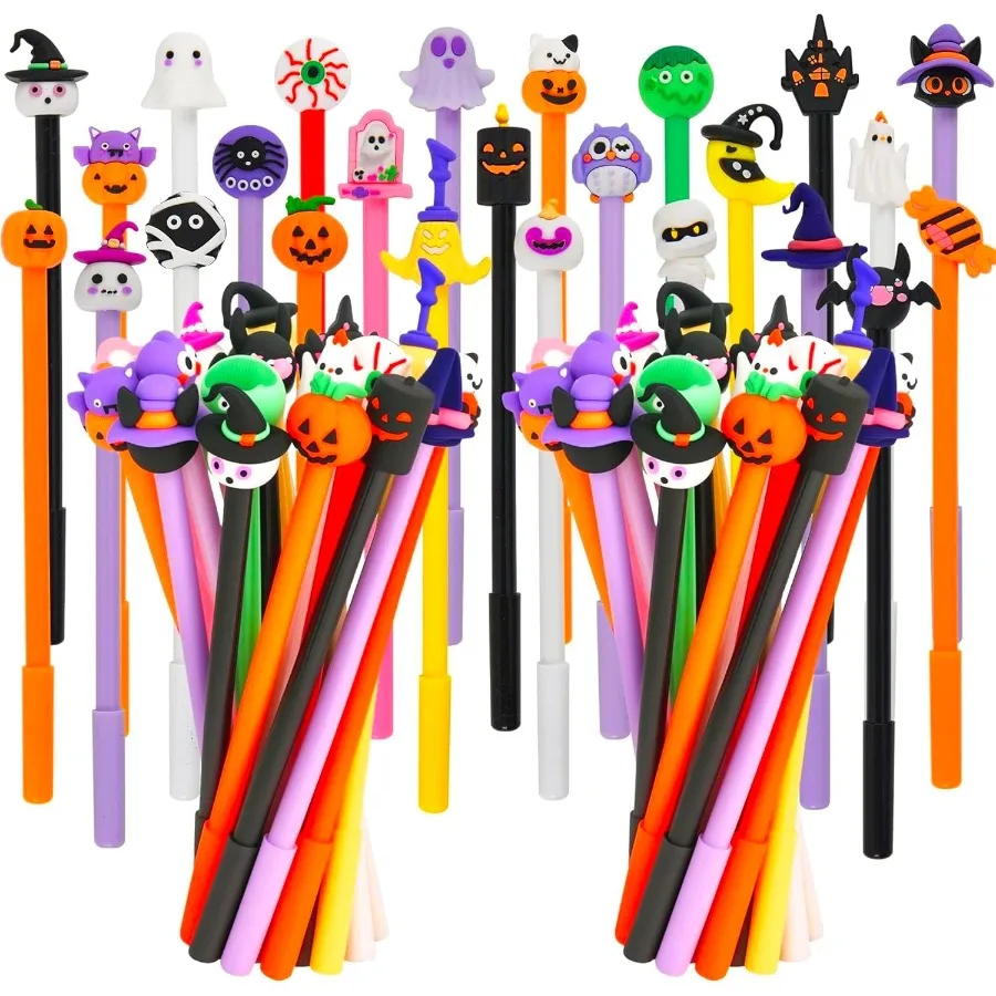 

50 Pcs Halloween Cartoon Cute Fun Pens for Kawaii Pumpkin Ghost Bat Shape Gel Black Ink Pen Cute Skull Heads Pens for School Of