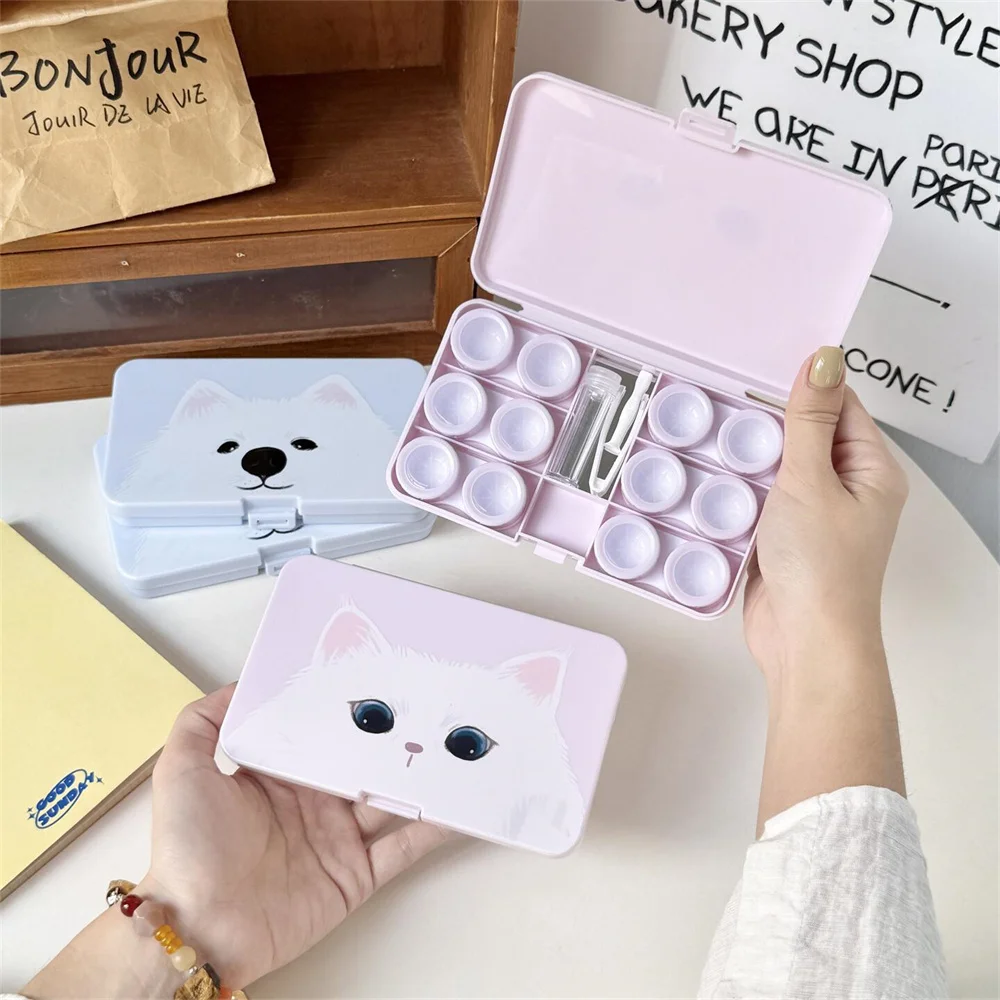Kawaii Cat 6-in-1 Contact Lens Case with Mirror and Tweezer Portable Travel Beauty Pupil Eye Lens Storage Box Makeup Accessories