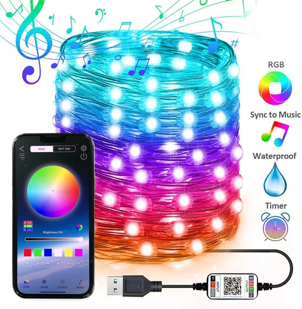 Guirnalda de luces Led con Bluetooth para decoración de árbol de Navidad, cable de cobre inteligente, USB, 5M/10M/20M/30M, Control por aplicación,