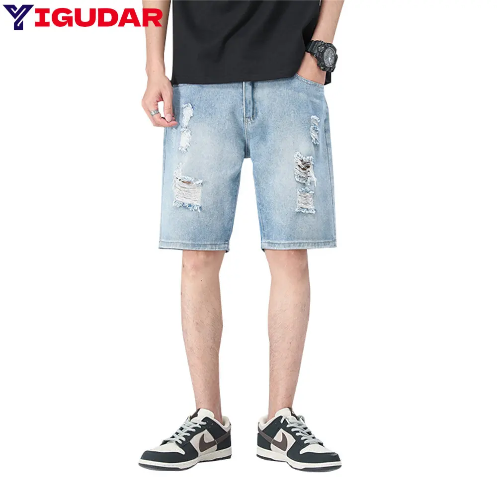 

2023 Summer Men Baggy Short Jeans Drawstring Design Korean Fashion Loose Straight Shorts Denim Shorts Male bermuda masculina