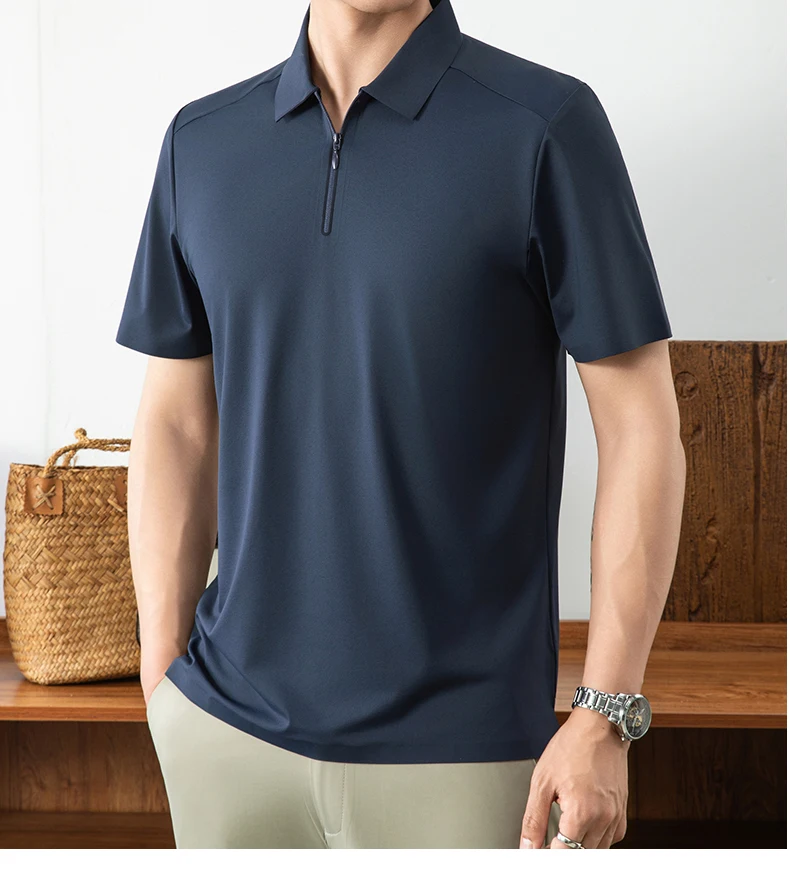 Luxuriöses Herren-Poloshirt mit halbem Reißverschluss kurzärmelig einfarbig hochwertige Eisseide atmungsaktiv Sommer neu lässig modisch T-Shirt – Detail 13