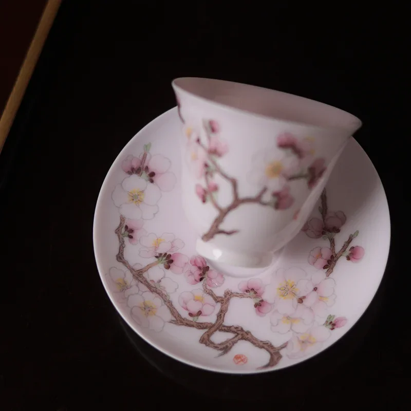 Hand painted apricot pollen glaze teacup saucer design