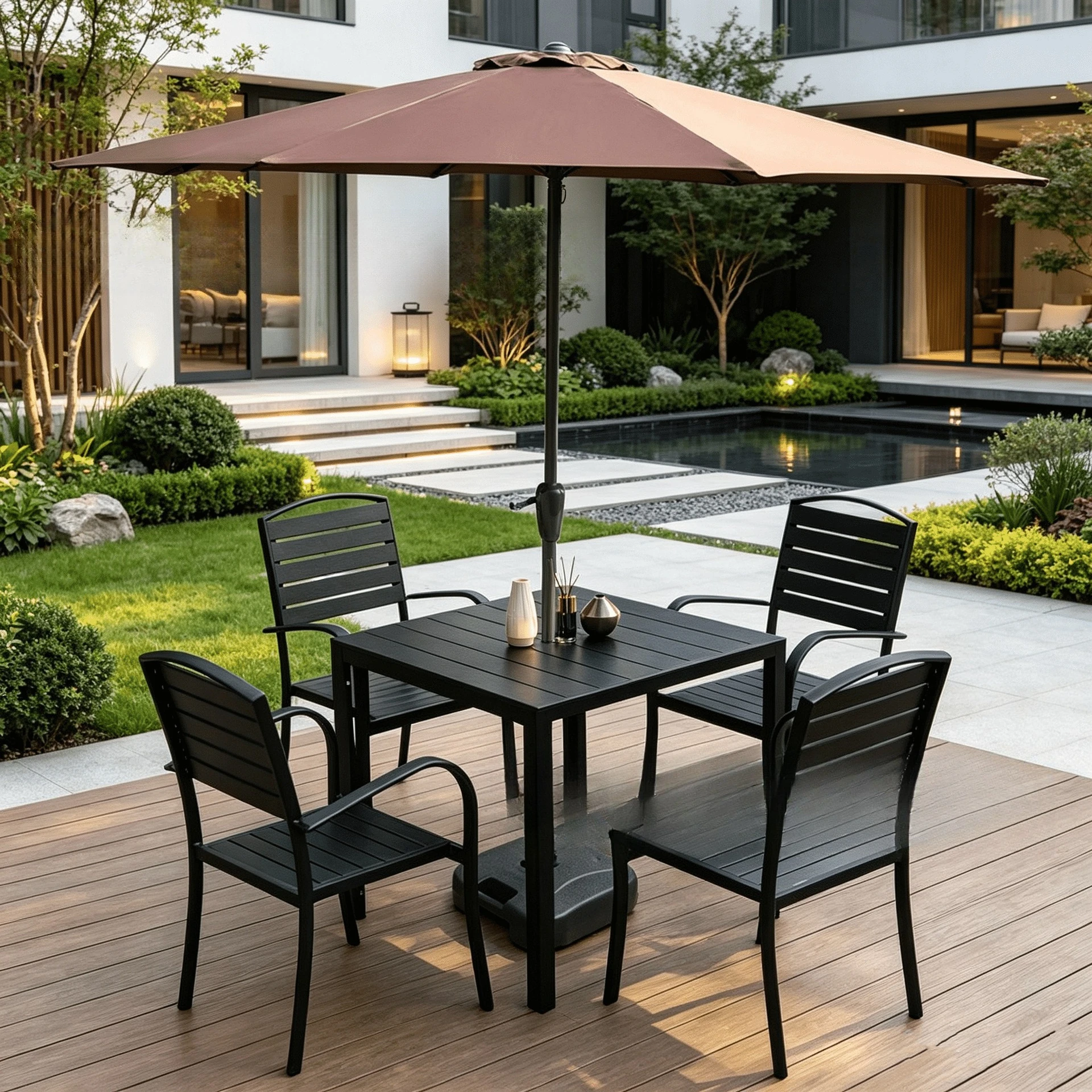 Outdoor plastic wood tables and chairs, courtyard, outdoor cafe, balcony with preservative wood