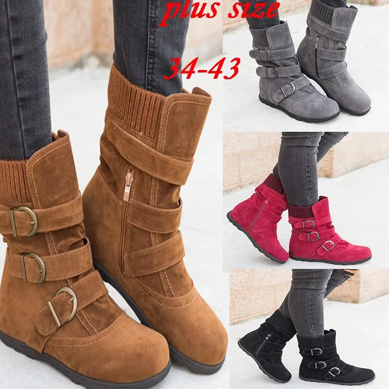 Scarpe da donna stivali da neve caldi scarpe da donna Casual in peluche piatte fibbia autunnale stivali a metà polpaccio femminili Plus Size 35-43