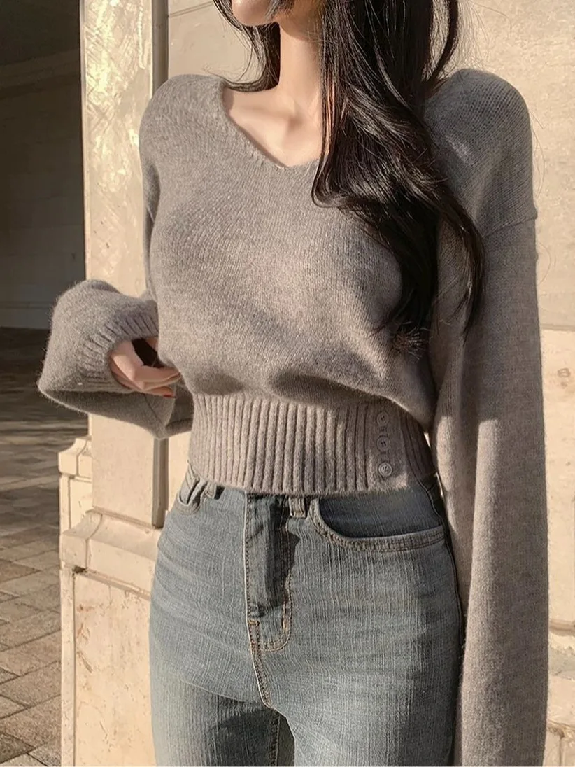 シックなヴィンテージ秋長袖ニットセーター V ネックウエストシンチ痩身多用途女性のオーバーヘッドハイカラー