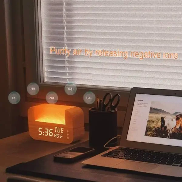 شروق الشمس الاستيقاظ ساعة تنبيه جو الملح الهيمالايا ضوء الليل الطبيعي الاستيقاظ الإصدار الأيونات السالبة ديكور المنزل