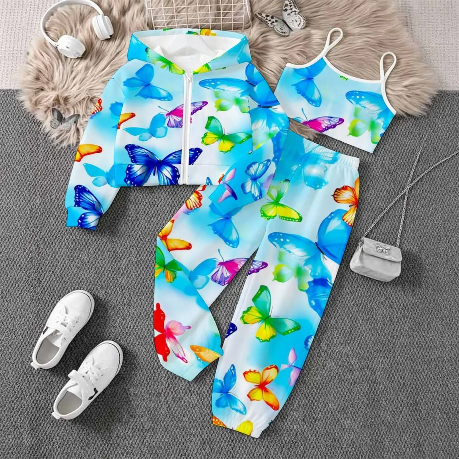 Girls Yoga Pants Fashion Vest Zipper Hoodie Long Sleeve Coat Jogging Pants Autumn Winter Children's Printed Three-Piece Set
