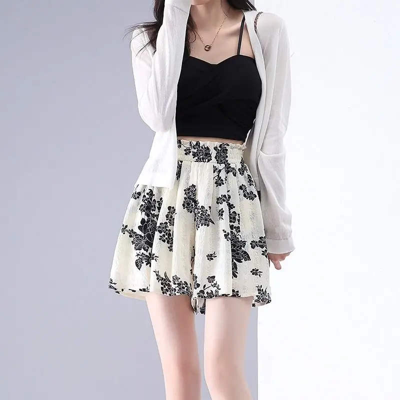 Women Summer Korean Fashion Loose Printing High Waist All-match Wide Leg Women Clothes Office Lady Appear Thin Trend Shorts